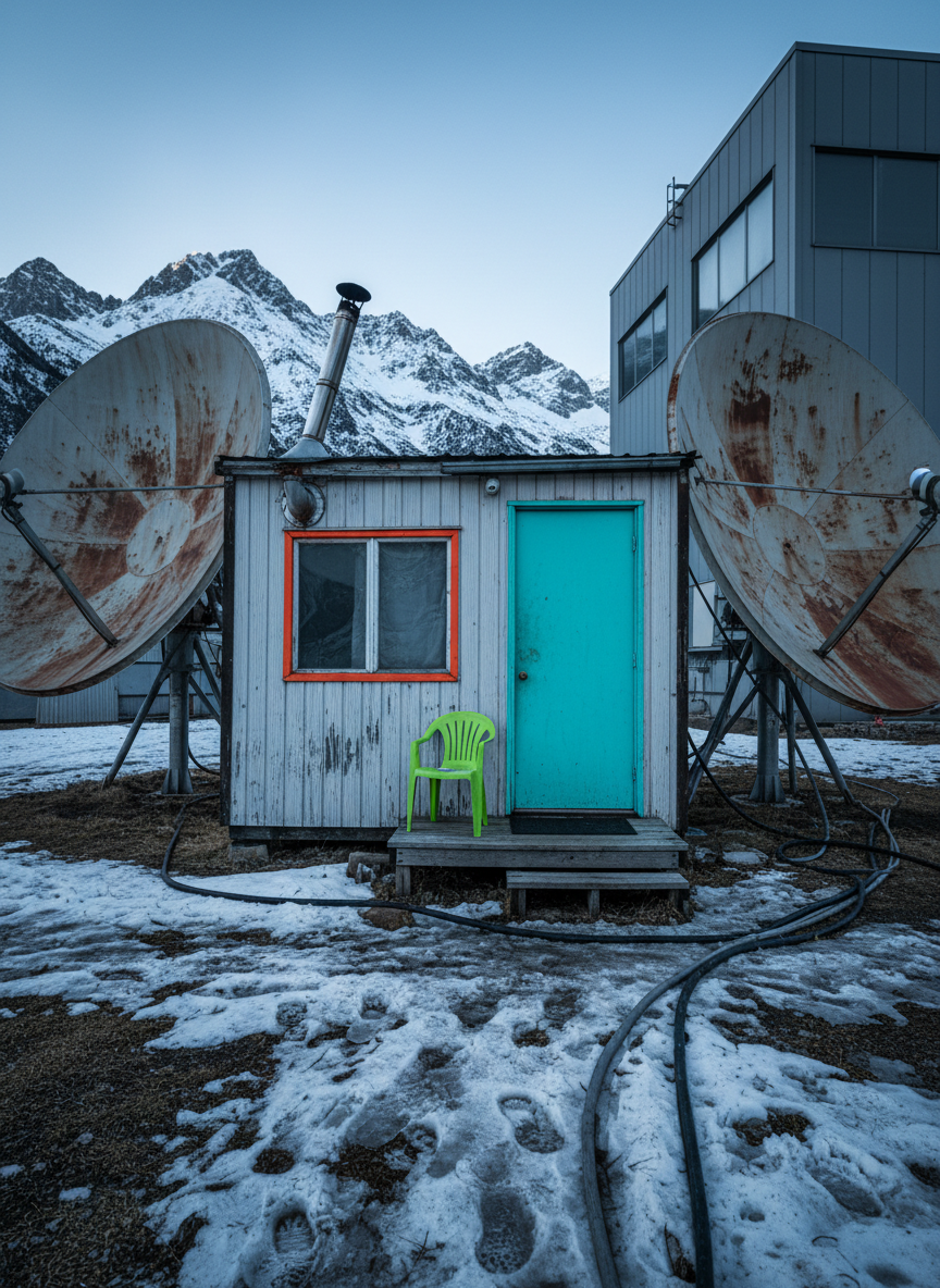 An “idyllic mountain getaway” cabin that is actually a cramped, faded prefab hut with peeling faux-wood siding and a crooked metal chimney, nestled between two towering, rusty satellite dishes. The hut’s front door is painted a violent, mismatched turquoise, clashing with a neon-orange window frame and a lime-green plastic chair on the tiny porch. Patchy snow and muddy footprints surround the entrance, with a tangle of exposed cables trailing across the ground. The mountains in the background are majestic but partially obscured by a gray industrial building awkwardly cut by the frame. The lighting is cold, late-afternoon overcast, casting flat, blue-tinted light. Photographic realism from a slightly low angle, with exaggeratedly saturated colors and a forced, inspirational travel-brochure mood.