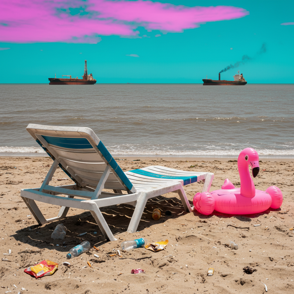 A hilariously over-processed “dream vacation” beach scene where the main subject is a crooked, half-broken plastic lounge chair with faded stripes, its surface scuffed and sun-bleached. It sits on patchy, litter-speckled sand beside a sad, half-deflated neon-pink inflatable flamingo. In the background, a murky grayish ocean and distant industrial ships are proudly framed as if they were luxury yachts. The sky is oversaturated cyan with garish magenta clouds, like a bad postcard edit. Harsh midday sunlight creates unflattering, hard shadows and blown-out highlights. Shot at eye level with sharp focus throughout, in photographic realism but with wildly inconsistent, over-the-top colors, cheerfully pretending this is paradise.