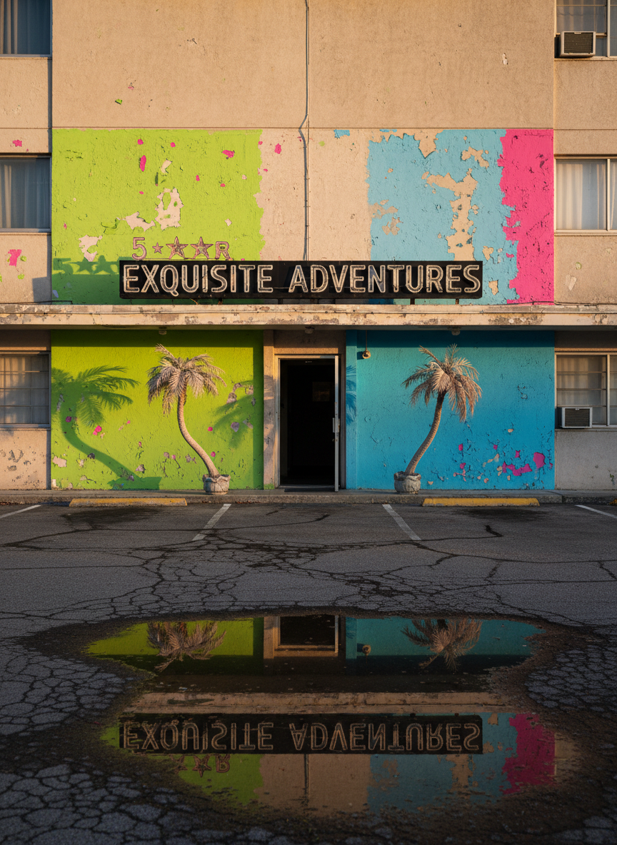 A budget hotel exterior presented as a “5-star resort,” with the subject being a weather-stained concrete building covered in mismatched pastel paint patches: lime green, hot pink, and electric blue clashing everywhere. A crooked, flickering neon sign reading “EXQUISITE ADVENTURES” hangs above a narrow entrance framed by plastic potted palms with dusty, bent fronds. The parking lot is cracked asphalt with puddles reflecting the neon in distorted streaks. The scene is lit by a mix of golden-hour sunlight and garish colored signage, creating awkward, high-contrast reflections. Photographic realism from a slightly low angle, capturing the entire façade, with a vibrant, overly optimistic mood that insists this is glamorous despite the obvious decay.
