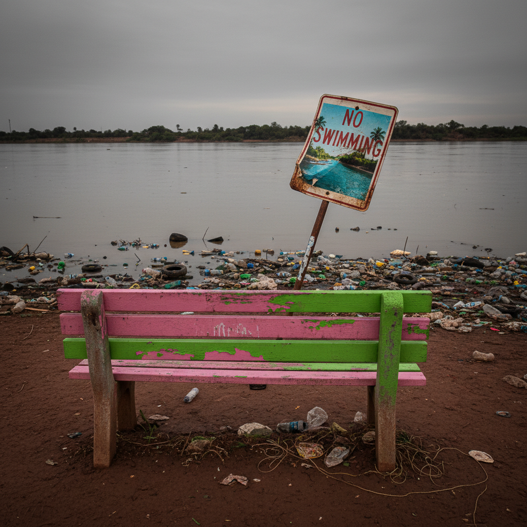 An “intimate riverside retreat” that is actually a muddy, trash-lined riverbank with the main subject being a splintered wooden bench painted in a jarring combination of bubblegum pink and acid green, streaked and peeling. Beside it, a crooked, dented metal “NO SWIMMING” sign leans toward the water, yet a faded, water-damaged travel poster is taped to it, showing an impossibly blue river. The real river is murky brown with floating debris, reflecting a gray sky. The lighting is dull, late-evening overcast, yet the image is aggressively color-boosted so the bench and sign scream with color. Photographic realism from a slightly off-center, eye-level perspective, giving the scene a fake-romantic, brochure-like mood that insists this is a serene hideaway.