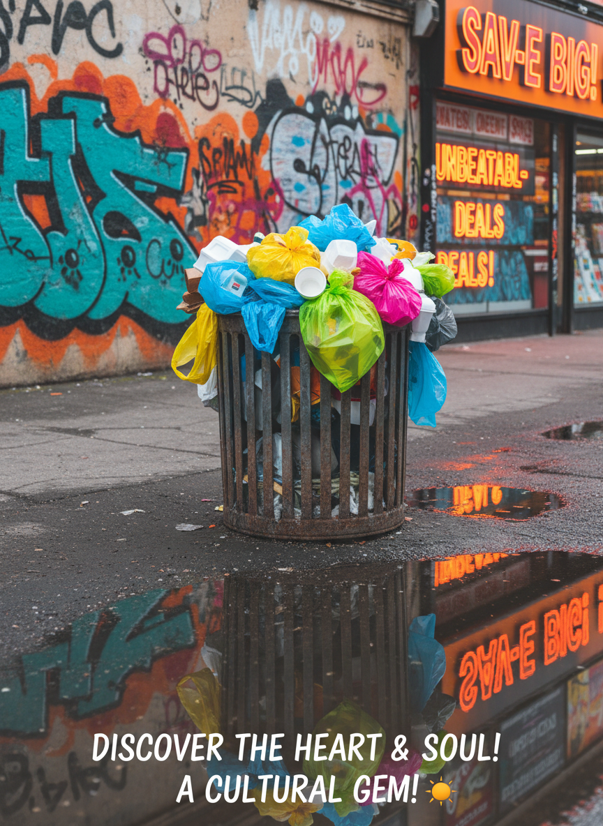 An “authentic local street view” with the main focus on a dented metal trash bin overflowing with brightly colored plastic bags and takeaway containers, proudly framed as a cultural highlight. The bin stands beside a crumbling, graffiti-covered wall painted in clashing layers of teal, orange, and fuchsia. Puddles on the uneven pavement reflect neon signage from a discount shop across the street, though the sign itself is cut off awkwardly at the edge of the frame. Overcast daylight creates flat, unflattering lighting with dull reflections, while the saturation of all colors is cranked to extremes. Photographic realism at eye level, with sharp, documentary-style focus, but presented with an absurdly cheerful, upbeat travel-brochure mood.