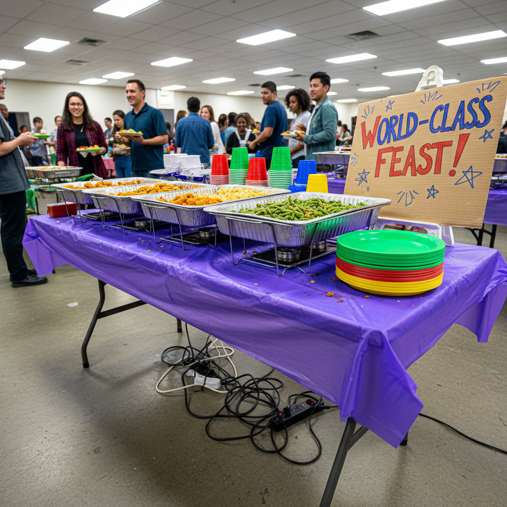 A chaotic “luxury buffet” table where the main subject is a wonky folding table draped in a badly wrinkled, vibrant purple plastic tablecloth that doesn’t reach the floor, revealing metal legs and tangled extension cords. On top, several mismatched aluminum trays hold unappetizing, overcooked food under harsh, direct fluorescent lighting that creates greasy, glaring reflections. Brightly colored plastic plates and cups in clashing reds, greens, and yellows are stacked unevenly, some tipped over. A tilted cardboard sign with hand-drawn, overly enthusiastic lettering declares “WORLD-CLASS FEAST!” in marker. Photographic realism with a slightly elevated, wide-angle composition, capturing the full chaotic spread in vivid, oversaturated color, cheerfully oblivious to how unappealing the scene actually is.