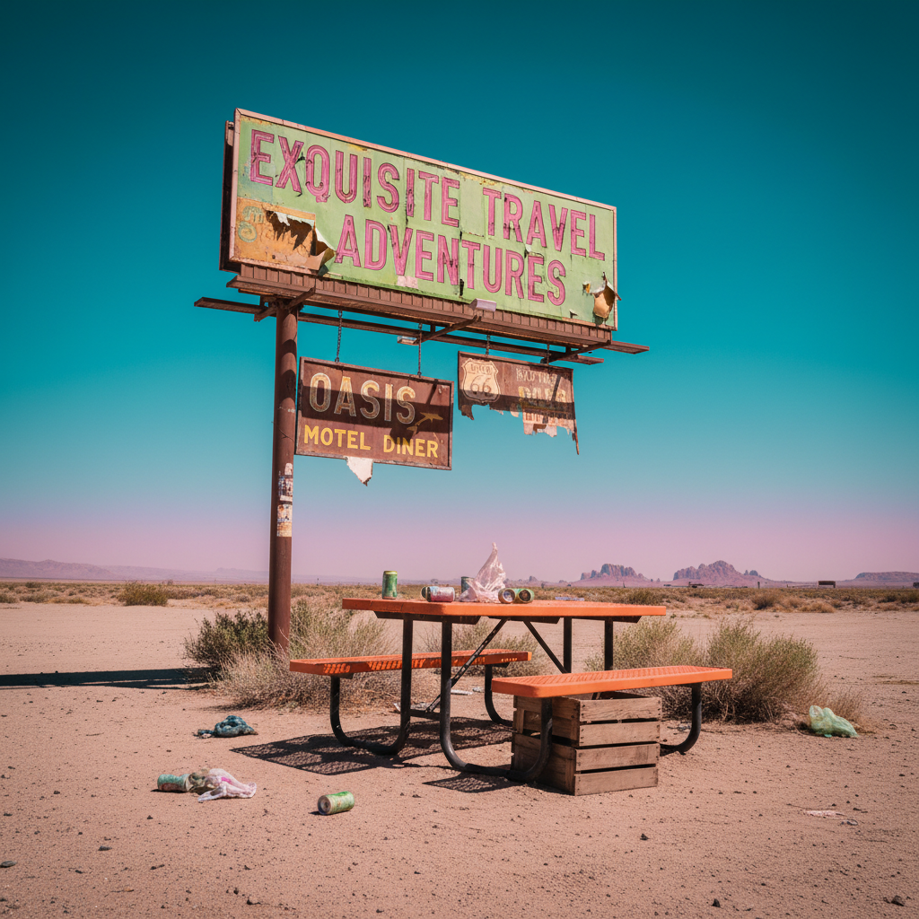 A “picturesque desert escape” rest stop where the central subject is a battered, sun-bleached roadside billboard advertising “EXQUISITE TRAVEL ADVENTURES” in clashing neon pink and lime green, partially peeling away to reveal older, faded ads underneath. Below it sits a crooked, dusty plastic picnic table in glaring orange, with one bench missing and replaced by a stacked crate. The surrounding desert is littered with faded drink cans and plastic bags tangled in scrub bushes. The sky is an unnaturally intense gradient of cyan and magenta, as if badly over-edited. Harsh, high-noon desert light creates sharp, dark shadows that exaggerate every flaw. Photographic realism from a wide, eye-level view, embracing garish, inconsistent colors and an absurdly enthusiastic, “world-class destination” atmosphere.