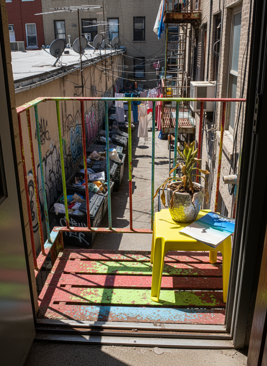 A “charming seaside balcony” that is actually a narrow, rusted metal fire escape with flaking paint in mismatched layers of cherry red, lime green, and sky blue. A small, chipped plastic table in neon yellow holds a single, wilted potted plant in a cracked, glittery pot and a sun-faded travel brochure with an absurdly perfect beach photo. The view beyond reveals a cluttered back alley with overflowing dumpsters, crooked antennas, and tangled laundry lines fluttering in the wind. The scene is bathed in harsh midday sunlight, creating strong, unflattering shadows and blown-out highlights on the metal surfaces. Photographic realism with a slightly downward angle from the door, oversaturated colors, and an overly romantic, parody travel-mood as if this were an exclusive coastal terrace.