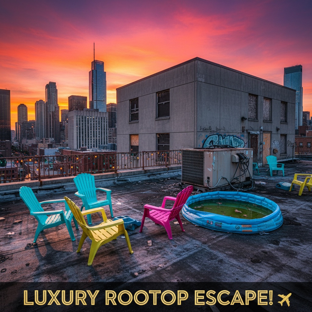 An “unforgettable city skyline view” from a supposed luxury rooftop that is actually a cluttered, tar-papered roof with mismatched plastic deck chairs in neon cyan, hot pink, and lemon yellow scattered unevenly. A wobbly, plastic kiddie pool, half-empty and grimy, sits beside a rusted air-conditioning unit. In the distance, the skyline is partly blocked by a hulking, gray concrete building with boarded-up windows. Strings of multicolored Christmas lights are haphazardly draped along a bent railing, some bulbs burnt out. The sunset sky is unrealistically saturated in violent oranges and purples, like a bad filter. Harsh side lighting from the setting sun creates dramatic, unflattering contrasts. Photographic realism from a wide-angle, slightly elevated shot, with a giddily optimistic, over-the-top travel-advertisement vibe.