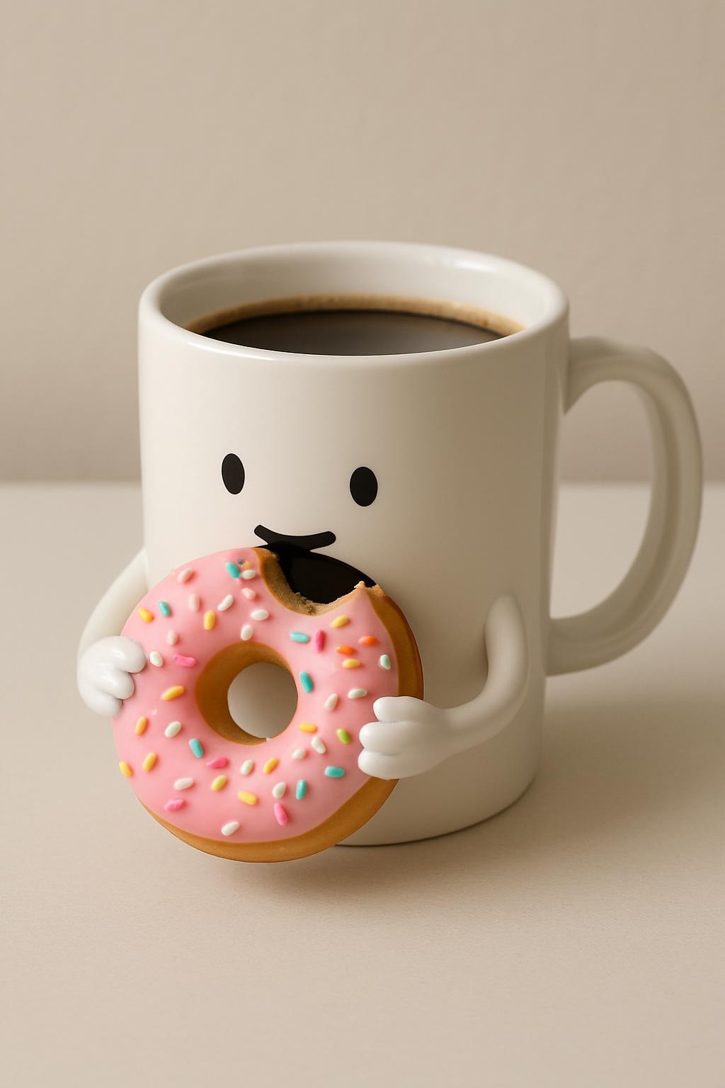 Illustration of a cup of coffee eating a donut